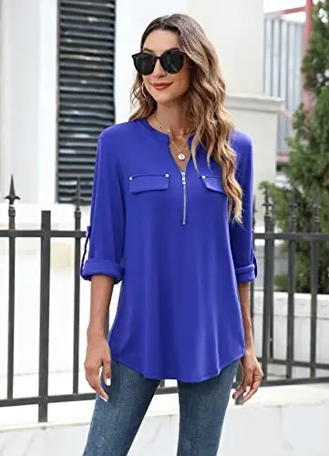 Bulotus Women's Zip Front V-Neck 3/4 Length Sleeve Womens Tops Business Casual Shirts - BULOTUS (1)