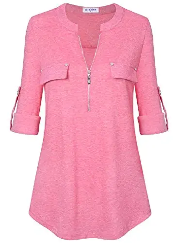 Bulotus Women's Zip Front V-Neck 3/4 Length Sleeve Womens Tops Business Casual Shirts - BULOTUS