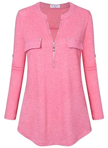 Bulotus Women's Zip Front V-Neck 3/4 Length Sleeve Womens Tops Business Casual Shirts - BULOTUS (1)