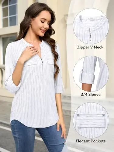 Bulotus Women's Zip Front V-Neck 3/4 Length Sleeve Womens Tops Business Casual Shirts - 5