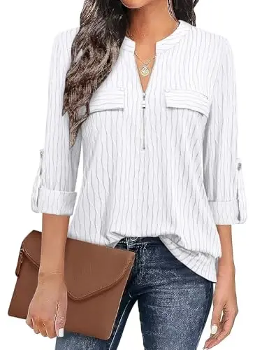 Bulotus 3/4 Length Sleeve Womens Striped Tops Zipper V Neck Collared Blouses Business Casual Tunics 2026 Spring Trendy - 1