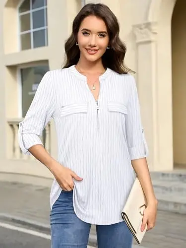 Bulotus 3/4 Length Sleeve Womens Striped Tops Zipper V Neck Collared Blouses Business Casual Tunics 2026 Spring Trendy - 2