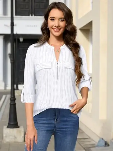 Bulotus 3/4 Length Sleeve Womens Striped Tops Zipper V Neck Collared Blouses Business Casual Tunics 2026 Spring Trendy - 3