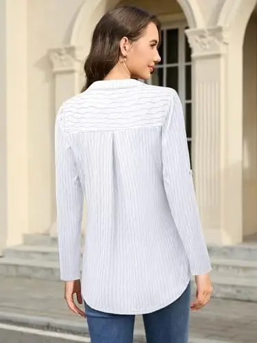 Bulotus 3/4 Length Sleeve Womens Striped Tops Zipper V Neck Collared Blouses Business Casual Tunics 2026 Spring Trendy - 4