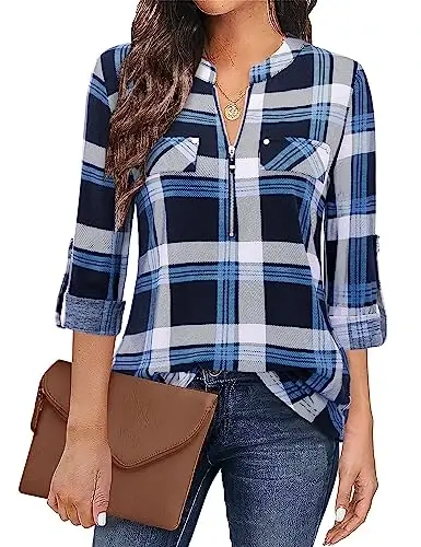 Bulotus Women's Zip Front V-Neck 3/4 Length Sleeve Womens Tops Business Casual Shirts 