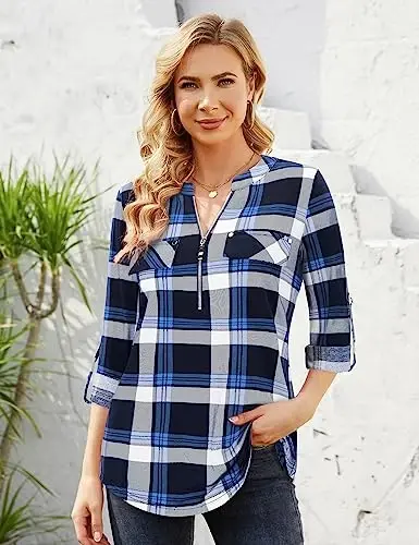 Bulotus Women's Zip Front V-Neck 3/4 Length Sleeve Womens Tops Business Casual Shirts - 2