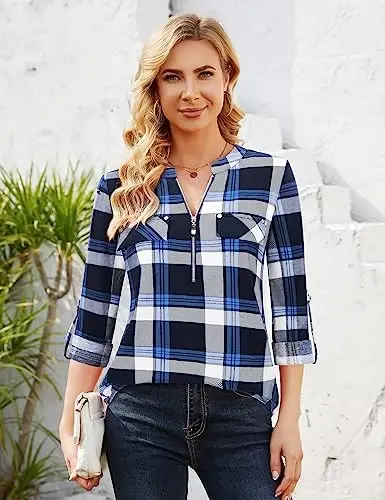 Bulotus Women's Zip Front V-Neck 3/4 Length Sleeve Womens Tops Business Casual Shirts - 3