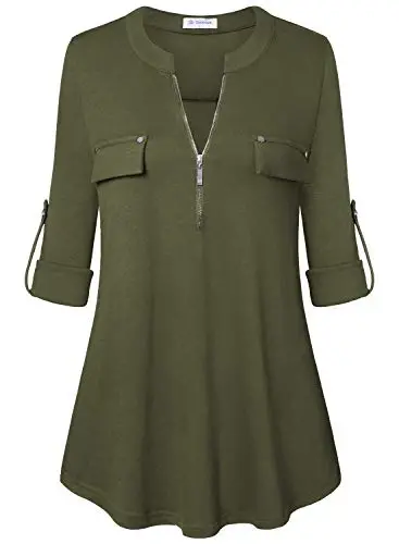 Bulotus Women's Zip Front V-Neck 3/4 Length Sleeve Womens Tops Business Casual Shirts - BULOTUS