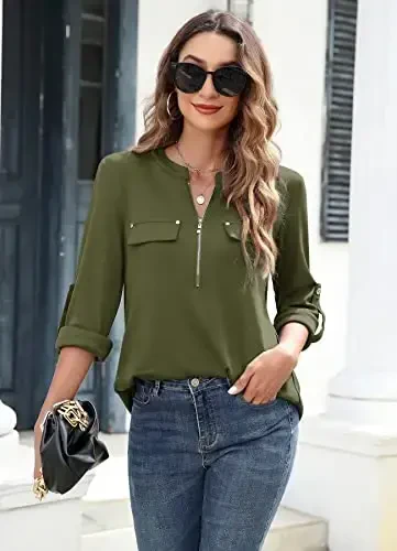 Bulotus Women's Zip Front V-Neck 3/4 Length Sleeve Womens Tops Business Casual Shirts - 3