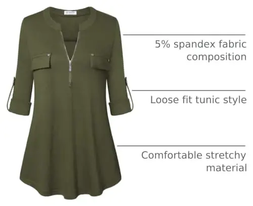 Bulotus 3/4 Length Sleeve Womens Striped Tops Zipper V Neck Collared Blouses Business Casual Tunics 2026 Spring Trendy 