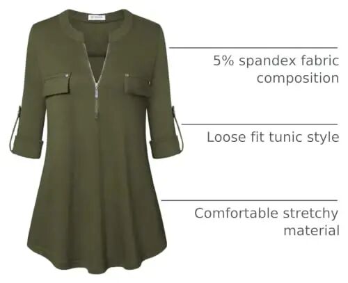 Bulotus Women's Zip Front V-Neck 3/4 Length Sleeve Womens Tops Business Casual Shirts 