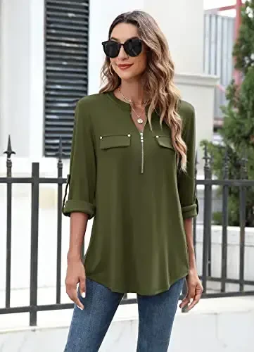 Bulotus Women's Zip Front V-Neck 3/4 Length Sleeve Womens Tops Business Casual Shirts - BULOTUS (1)