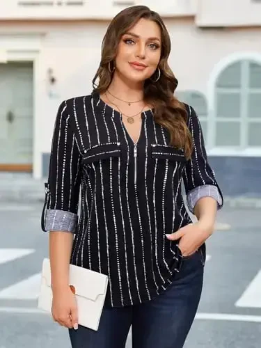 Bulotus Women's Zip Front V-Neck 3/4 Length Sleeve Womens Tops Business Casual Shirts - BULOTUS (1)