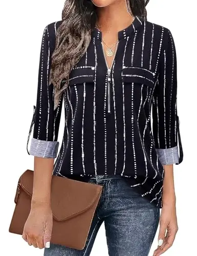 Bulotus 3/4 Length Sleeve Womens Striped Tops Zipper V Neck Collared Blouses Business Casual Tunics 2026 Spring Trendy - 1