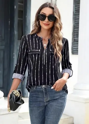 Bulotus 3/4 Length Sleeve Womens Striped Tops Zipper V Neck Collared Blouses Business Casual Tunics 2026 Spring Trendy - 3