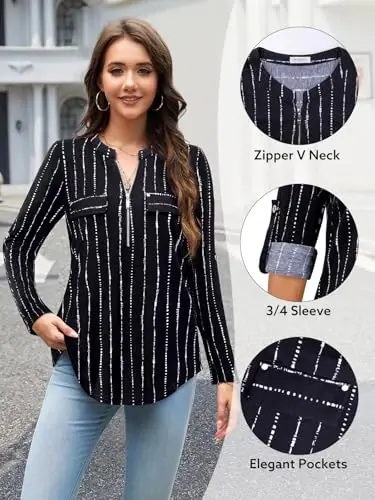 Bulotus 3/4 Length Sleeve Womens Striped Tops Zipper V Neck Collared Blouses Business Casual Tunics 2026 Spring Trendy - 4