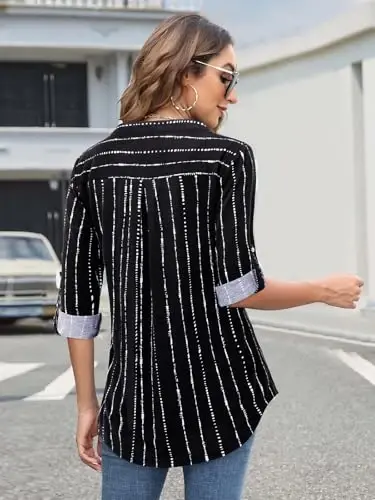 Bulotus 3/4 Length Sleeve Womens Striped Tops Zipper V Neck Collared Blouses Business Casual Tunics 2026 Spring Trendy - 5