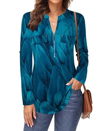Bulotus Women's Zip Front V-Neck 3/4 Length Sleeve Womens Tops Business Casual Shirts - 3
