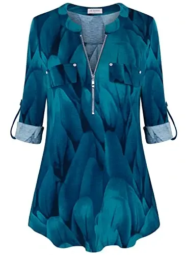 Bulotus Women's Zip Front V-Neck 3/4 Length Sleeve Womens Tops Business Casual Shirts - 5