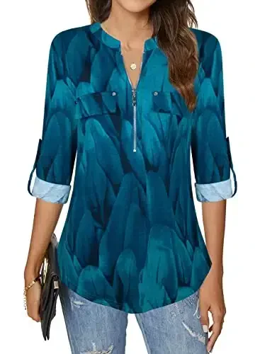 Bulotus Women's Zip Front V-Neck 3/4 Length Sleeve Womens Tops Business Casual Shirts - BULOTUS (1)