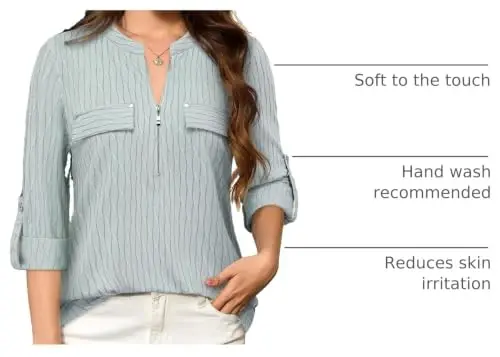 Bulotus 3/4 Length Sleeve Womens Striped Tops Zipper V Neck Collared Blouses Business Casual Tunics 2026 Spring Trendy - 1