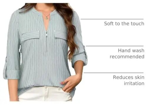 Bulotus Women's Zip Front V-Neck 3/4 Length Sleeve Womens Tops Business Casual Shirts 