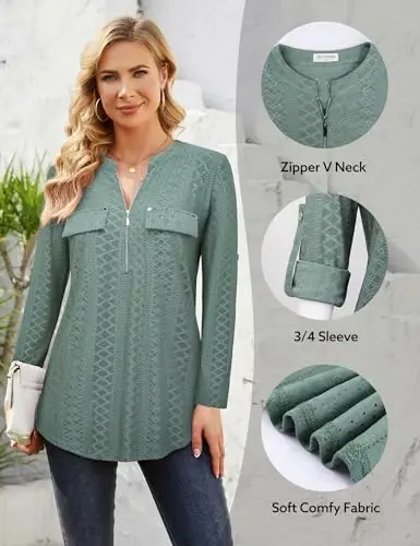 Bulotus Women's Zip Front V-Neck 3/4 Length Sleeve Womens Tops Business Casual Shirts - 5