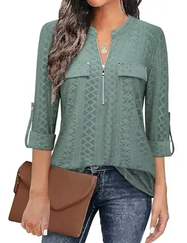 Bulotus Women's Zip Front V-Neck 3/4 Length Sleeve Womens Tops Business Casual Shirts 