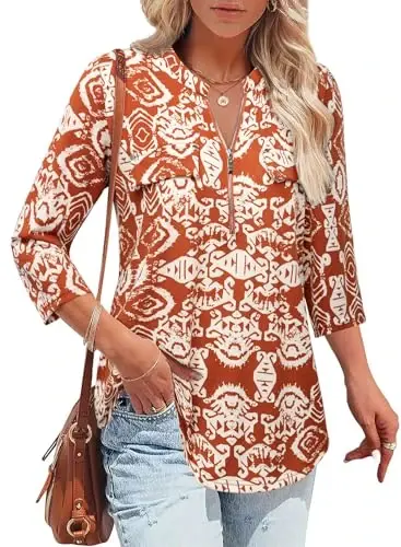 Bulotus Womens 3/4 Sleeve Tops Plus Size V Neck Zipper Business Casual Blouses for Office & Going Out Soft Knit Tunics, M-3XL - 1