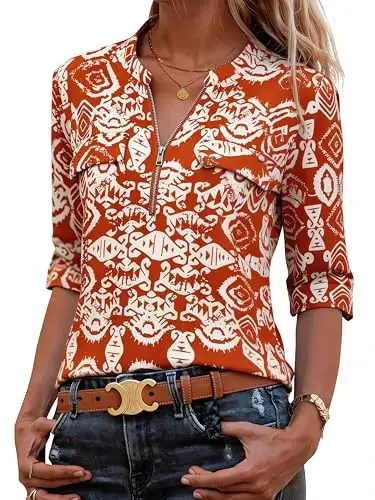 Bulotus Womens 3/4 Sleeve Tops Plus Size V Neck Zipper Business Casual Blouses for Office & Going Out Soft Knit Tunics, M-3XL - 2