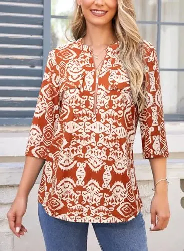 Bulotus Womens 3/4 Sleeve Tops Plus Size V Neck Zipper Business Casual Blouses for Office & Going Out Soft Knit Tunics, M-3XL - 3