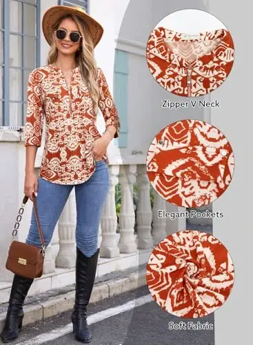 Bulotus Womens 3/4 Sleeve Tops Plus Size V Neck Zipper Business Casual Blouses for Office & Going Out Soft Knit Tunics, M-3XL - 6
