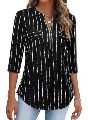 Bulotus Womens 3/4 Sleeve Tops Plus Size V Neck Zipper Business Casual Blouses for Office & Going Out Soft Knit Tunics, M-3XL - 1
