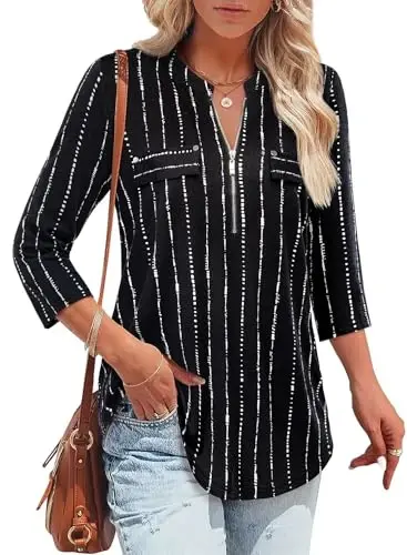 Bulotus Womens 3/4 Sleeve Tops Plus Size V Neck Zipper Business Casual Blouses for Office & Going Out Soft Knit Tunics, M-3XL - BULOTUS (1)
