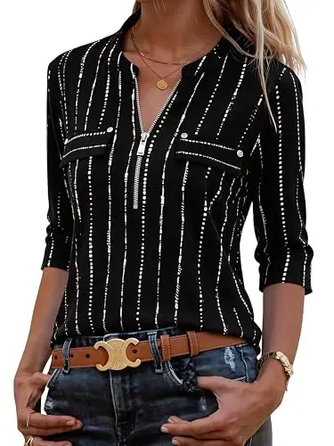 Bulotus Womens 3/4 Sleeve Tops Plus Size V Neck Zipper Business Casual Blouses for Office & Going Out Soft Knit Tunics, M-3XL - 4