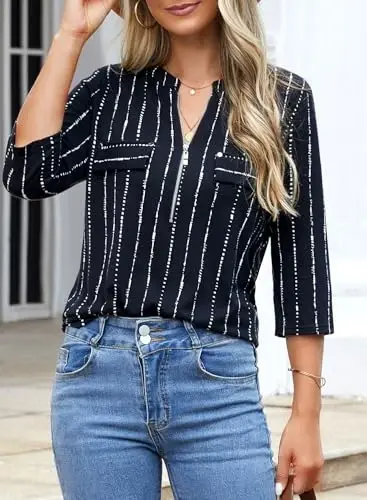 Bulotus Womens 3/4 Sleeve Tops Plus Size V Neck Zipper Business Casual Blouses for Office & Going Out Soft Knit Tunics, M-3XL - 5