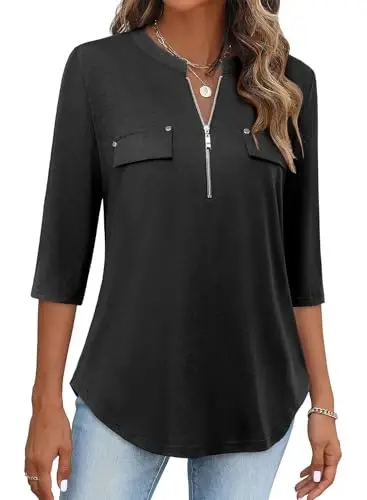Bulotus Womens 3/4 Sleeve Tops Plus Size V Neck Zipper Business Casual Blouses for Office & Going Out Soft Knit Tunics, M-3XL - 1
