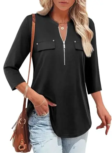 Bulotus Womens 3/4 Sleeve Tops Plus Size V Neck Zipper Business Casual Blouses for Office & Going Out Soft Knit Tunics, M-3XL - BULOTUS (1)