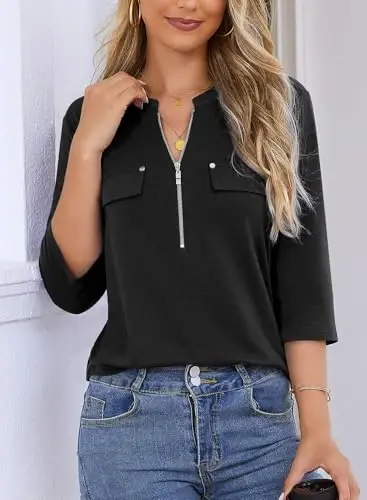Bulotus Womens 3/4 Sleeve Tops Plus Size V Neck Zipper Business Casual Blouses for Office & Going Out Soft Knit Tunics, M-3XL - 3