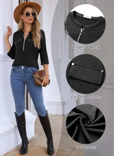 Bulotus Womens 3/4 Sleeve Tops Plus Size V Neck Zipper Business Casual Blouses for Office & Going Out Soft Knit Tunics, M-3XL - 5