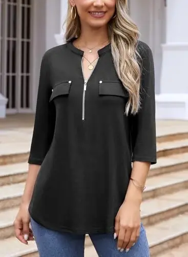Bulotus Womens 3/4 Sleeve Tops Plus Size V Neck Zipper Business Casual Blouses for Office & Going Out Soft Knit Tunics, M-3XL - 6