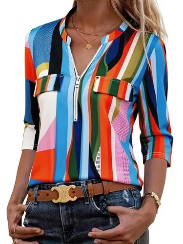 Bulotus Womens 3/4 Sleeve Tops Plus Size V Neck Zipper Business Casual Blouses for Office & Going Out Soft Knit Tunics, M-3XL - 1