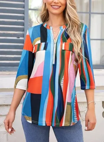 Bulotus Womens 3/4 Sleeve Tops Plus Size V Neck Zipper Business Casual Blouses for Office & Going Out Soft Knit Tunics, M-3XL - 2