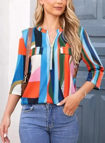 Bulotus Womens 3/4 Sleeve Tops Plus Size V Neck Zipper Business Casual Blouses for Office & Going Out Soft Knit Tunics, M-3XL - 3