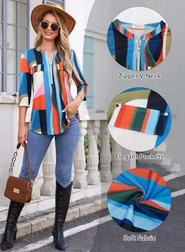 Bulotus Womens 3/4 Sleeve Tops Plus Size V Neck Zipper Business Casual Blouses for Office & Going Out Soft Knit Tunics, M-3XL - 5
