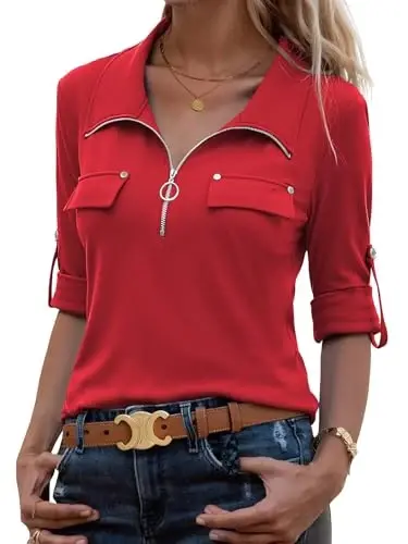 Bulotus Womens 3/4 Sleeve Tops Plus Size V Neck Zipper Business Casual Blouses for Office & Going Out Soft Knit Tunics, M-3XL - 1