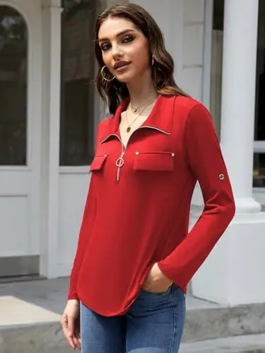 Bulotus Womens 3/4 Sleeve Tops Plus Size V Neck Zipper Business Casual Blouses for Office & Going Out Soft Knit Tunics, M-3XL - BULOTUS (1)