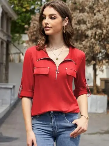 Bulotus Womens 3/4 Sleeve Tops Plus Size V Neck Zipper Business Casual Blouses for Office & Going Out Soft Knit Tunics, M-3XL - 3