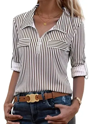 Bulotus Womens 3/4 Sleeve Tops Plus Size V Neck Zipper Business Casual Blouses for Office & Going Out Soft Knit Tunics, M-3XL - 1