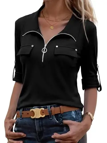 Bulotus Womens 3/4 Sleeve Tops Plus Size V Neck Zipper Business Casual Blouses for Office & Going Out Soft Knit Tunics, M-3XL - 1